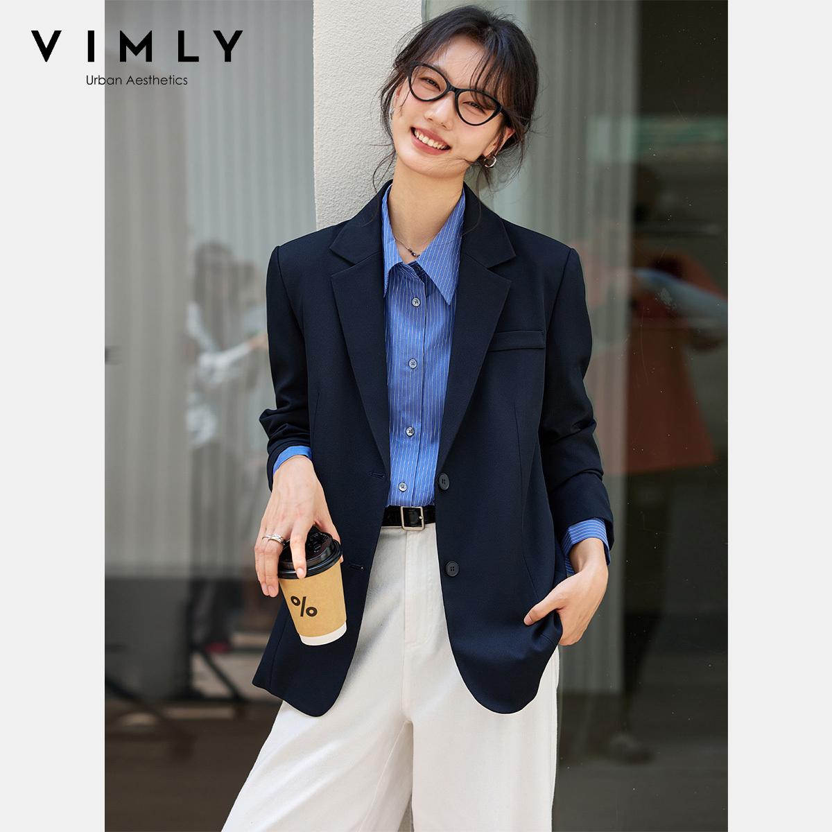 Blazer Women Oversized - VIMLY Women's Navy Blue Jackets Autumn