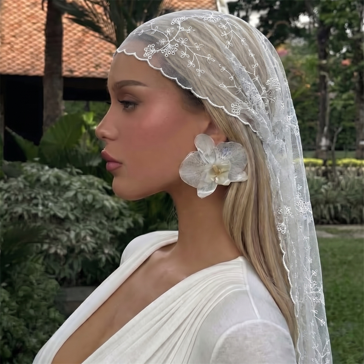 White Floral Lace Mesh Headsca - Women Fashion Necktie ulasan dan harga
