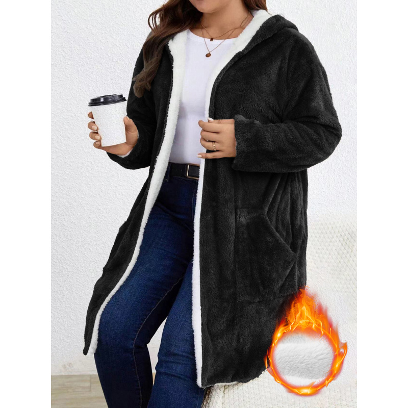 Plus Size Women Fuzzy Fleece H - Longline Cardigan Knit ulasan dan harga