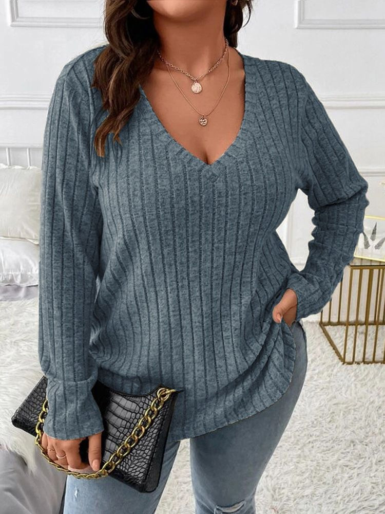 2026 Plus Size V-Neck Long Sle - Ribbed Knit Sweater ulasan dan harga