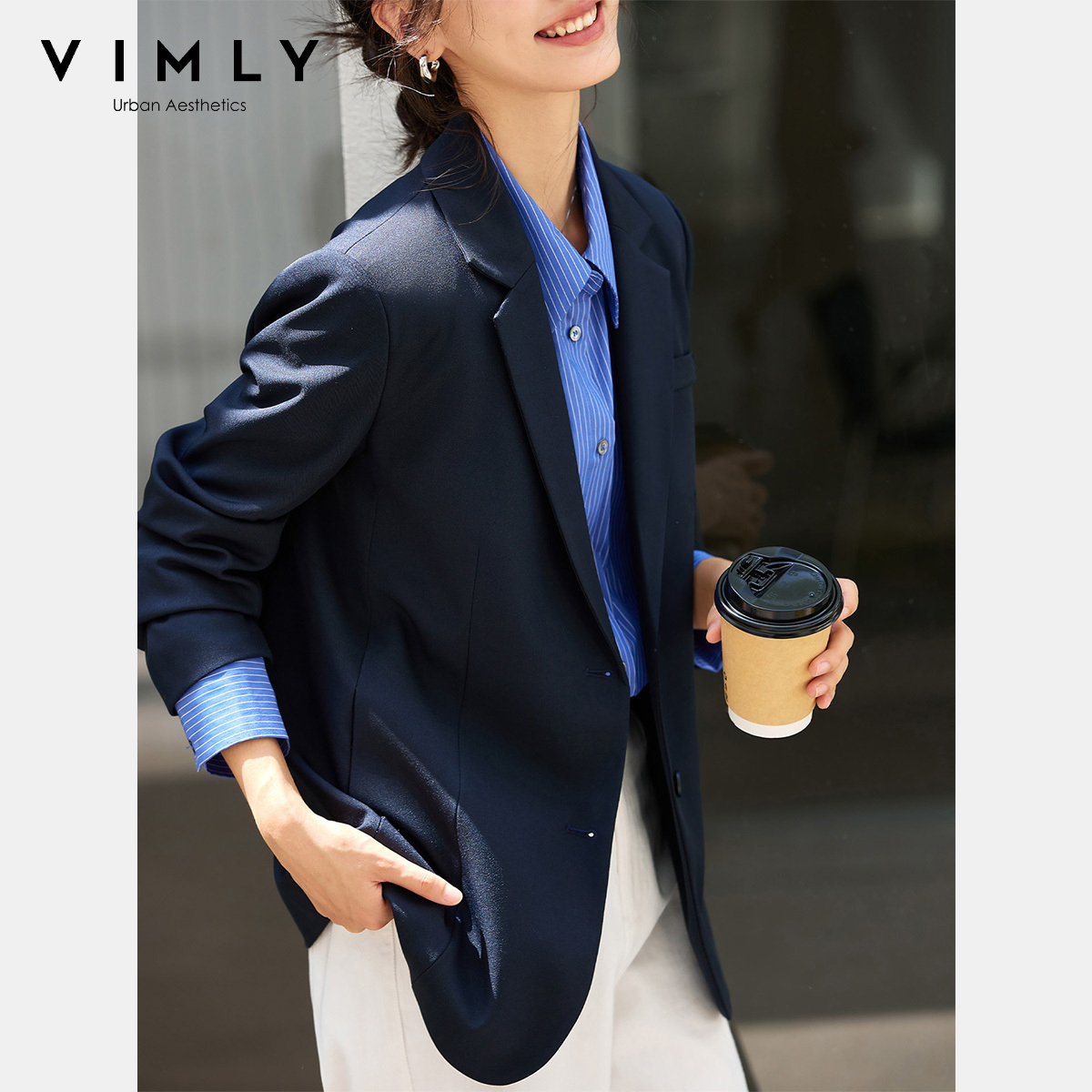 VIMLY Women's Navy Blue Jacket - Blazer Women Oversized ulasan dan harga