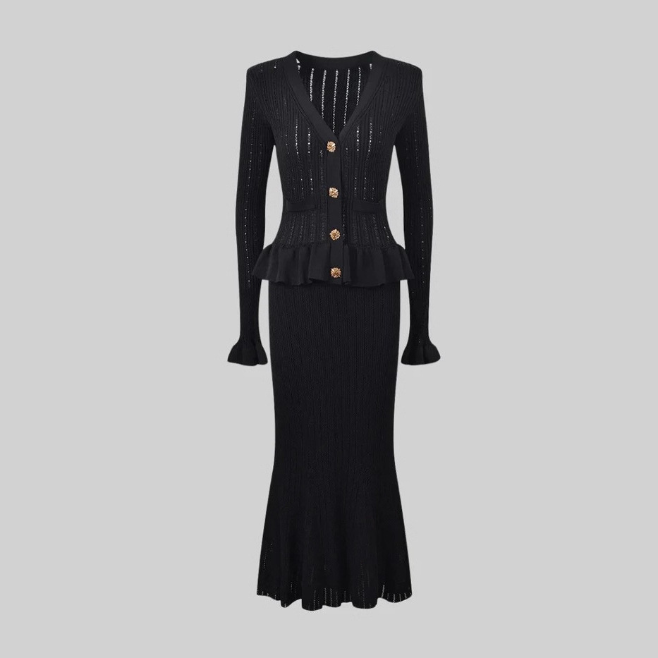 French V-neck Knitted Two-piec - Longline Cardigan Knit ulasan dan harga
